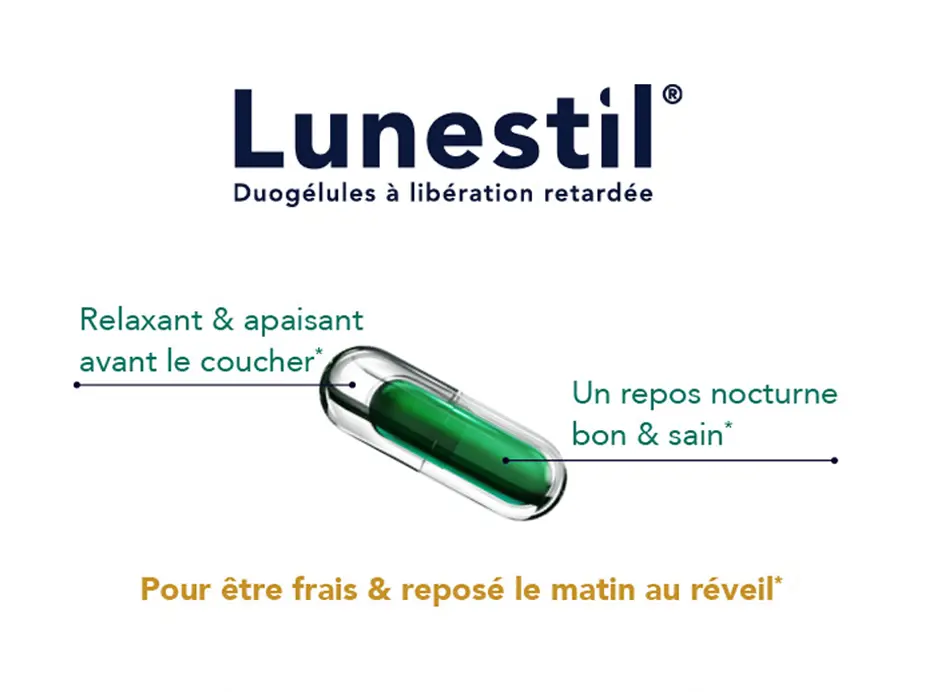 Lunestil contient des ingrédients puissants, de la lavande, de l'extrait de passiflore, de la vitamine B6 et de la mélatonine, qui garantissent une bonne nuit de sommeil. Lunestil contient quatre ingrédients puissants, la lavande, l'extrait de fleur de la passion, la vitamine B6 et la mélatonine, qui garantissent une bonne nuit de sommeil.